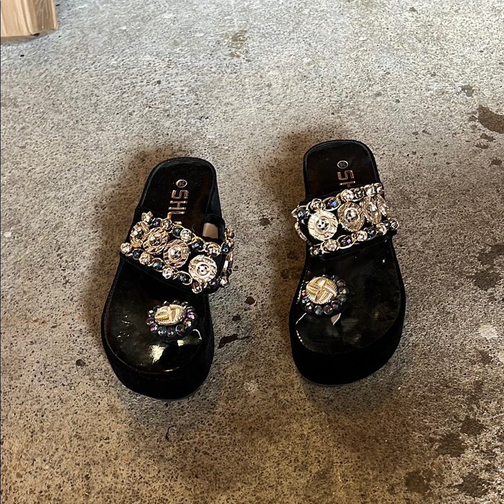 Black Crystal Embellished Sandals